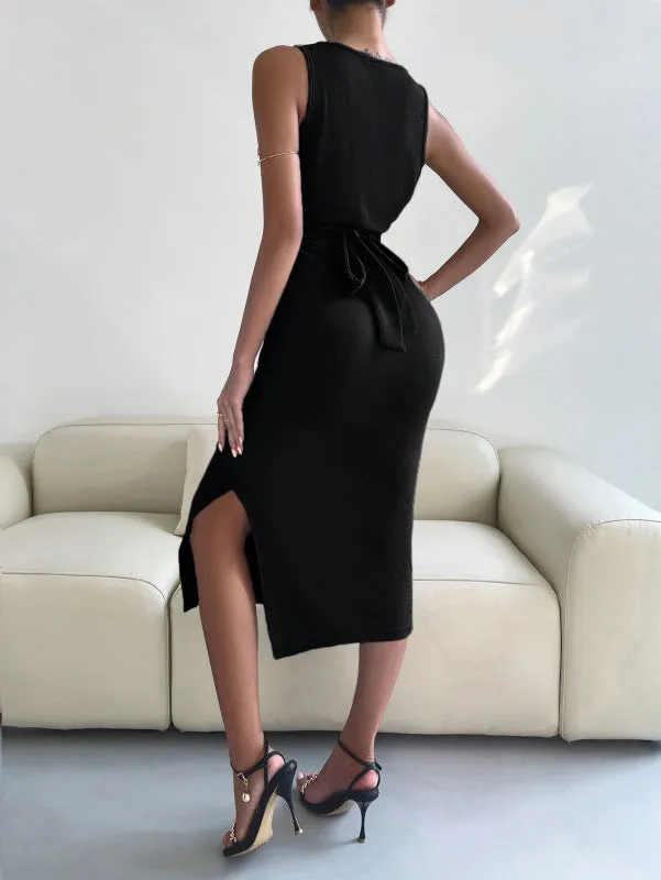 Solid Bodycon Twisted Slit Midi Dress