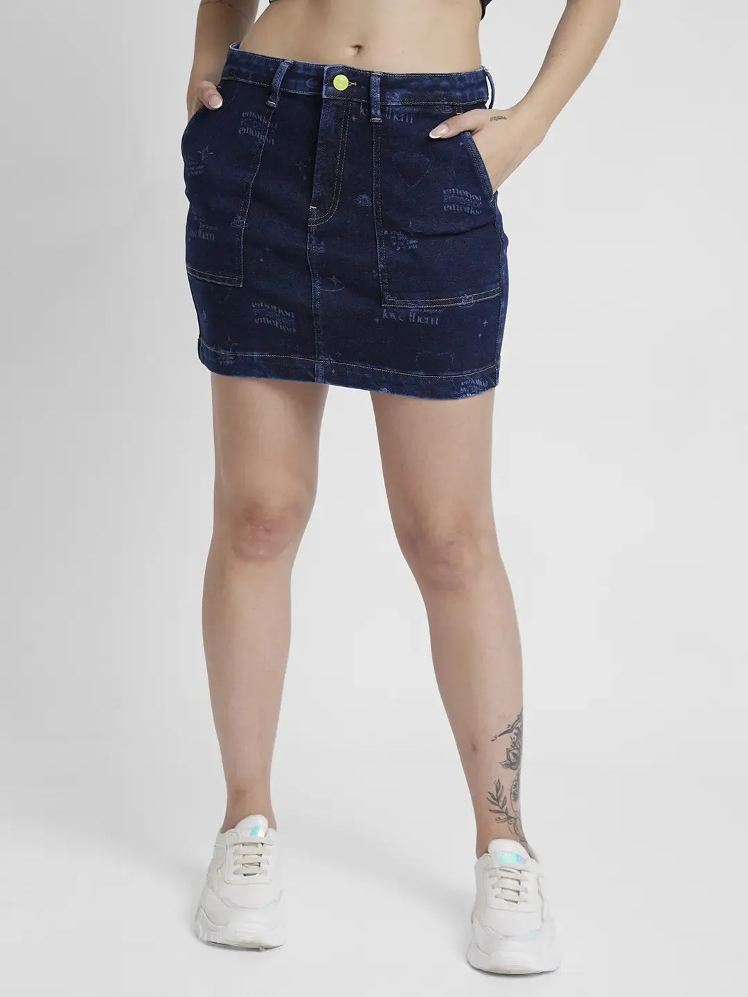 Spykar Women Dark Blue Lycra Pencil Fit Above Knee Length Denim Skirt