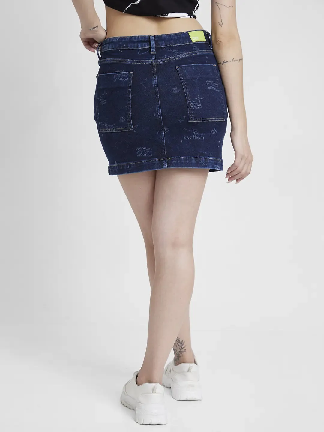 Spykar Women Dark Blue Lycra Pencil Fit Above Knee Length Denim Skirt