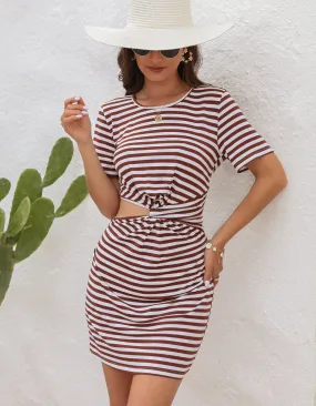 Striped Round Neck Irregular Cutout Bodycon Dresses