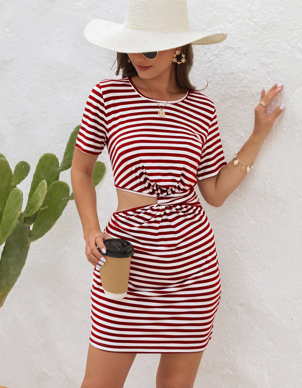 Striped Round Neck Irregular Cutout Bodycon Dresses