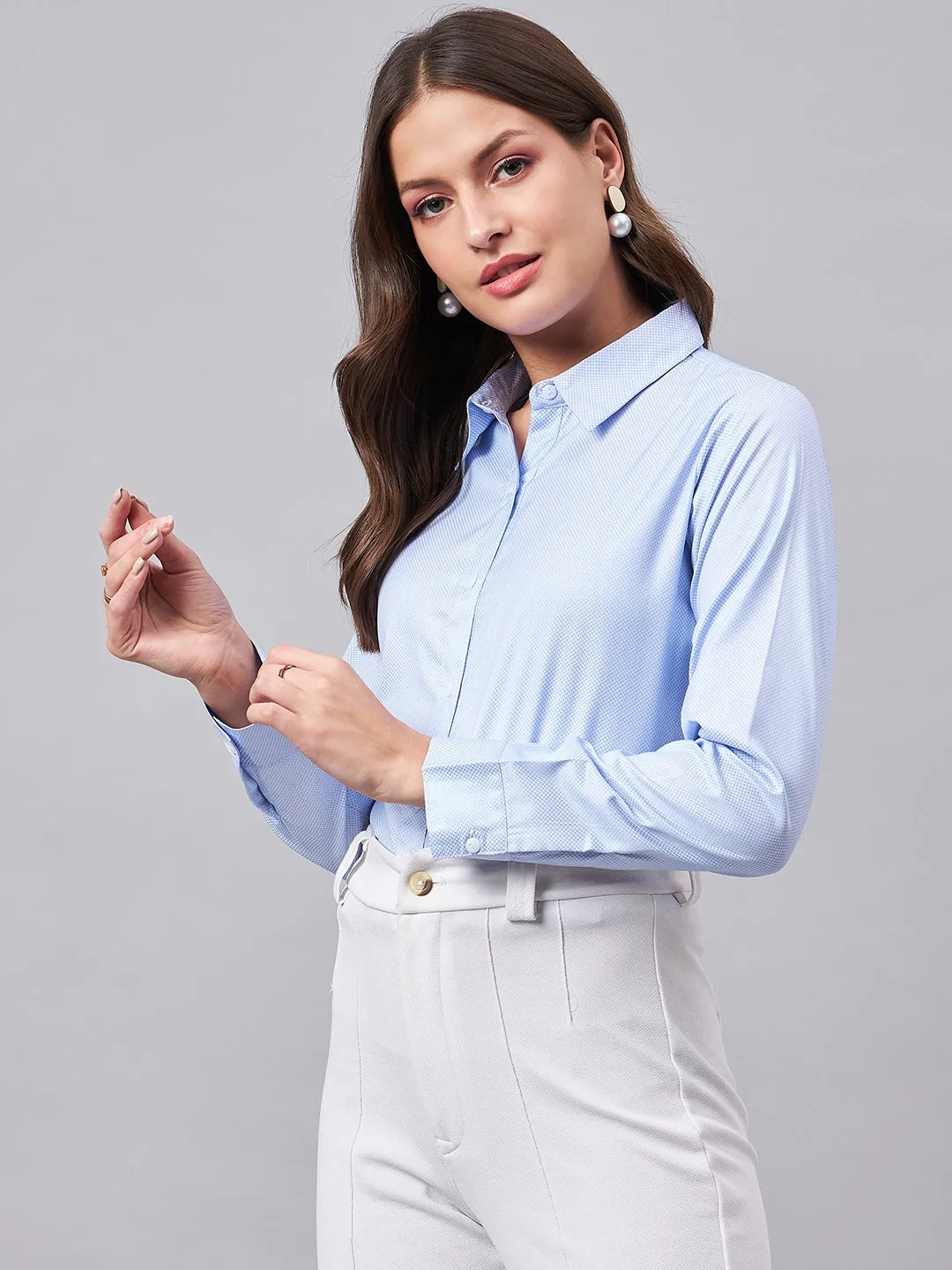 Style Quotient Women Chevron Self Design Blue And White Polycotton Formal Shirt