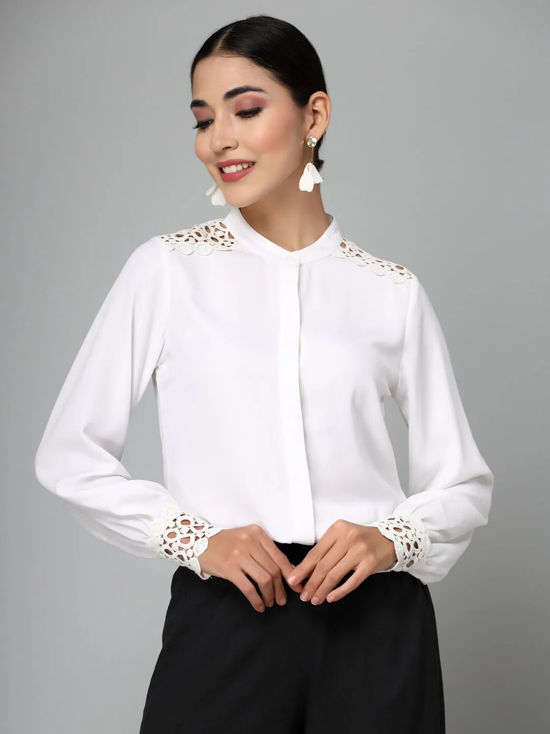 Style Quotient Women Embellished White  Regular Smart Casual Shirt