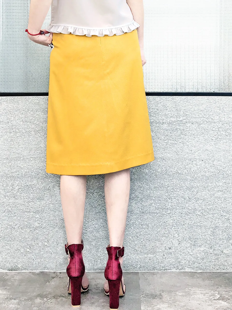 Surprise Sale! Yellow Scallop Detail Dotty Ruffle Pocket Pencil Skirt