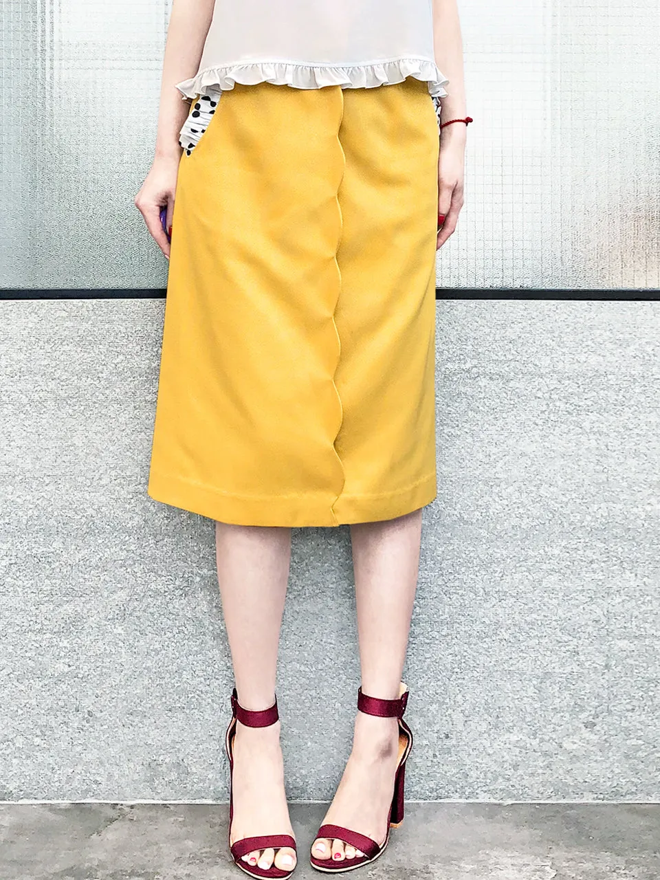 Surprise Sale! Yellow Scallop Detail Dotty Ruffle Pocket Pencil Skirt