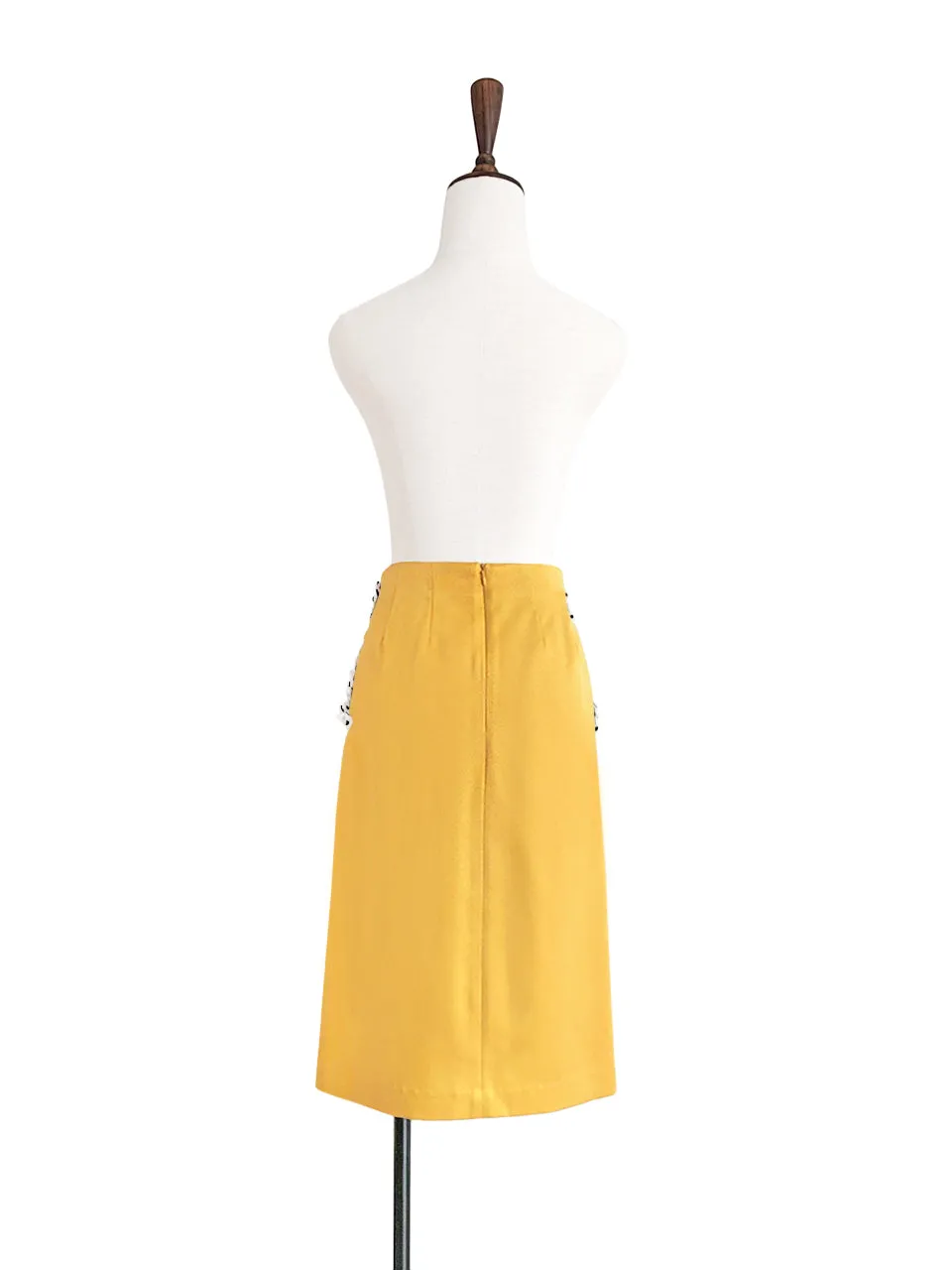 Surprise Sale! Yellow Scallop Detail Dotty Ruffle Pocket Pencil Skirt