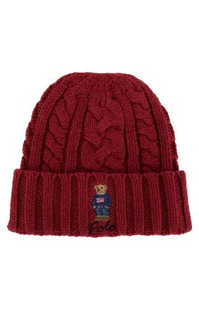 Sustainable Cable Knit Bear Beanie - Festive Red/American Flag Design