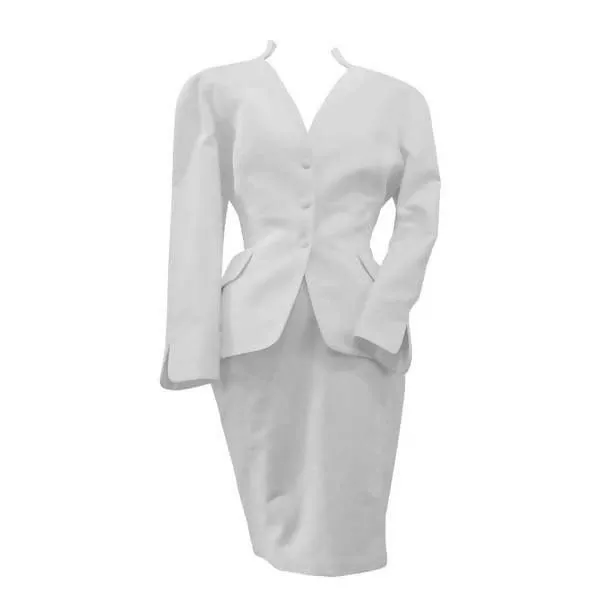 THIERRY MUGLER White Textured Cotton Skirt Suit Set | Size 42