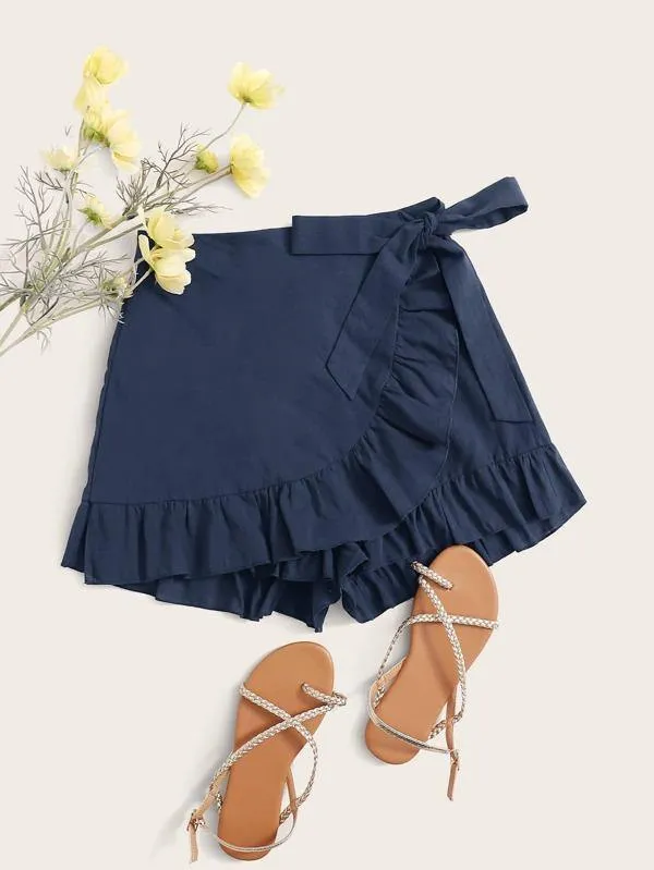 Tie Side Ruffle Trim Wrap Skort