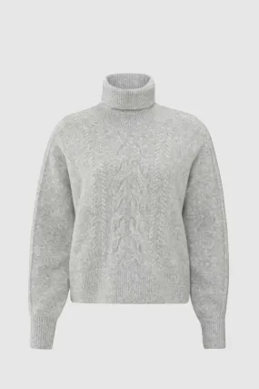 Turtleneck Sweater with Cable Pattern in Grey Melange