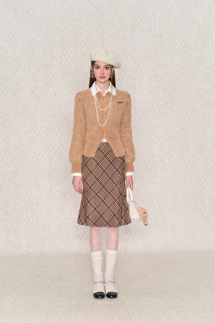 [Underpass]Cuddly Brown Bear Plaid Midi Skirt