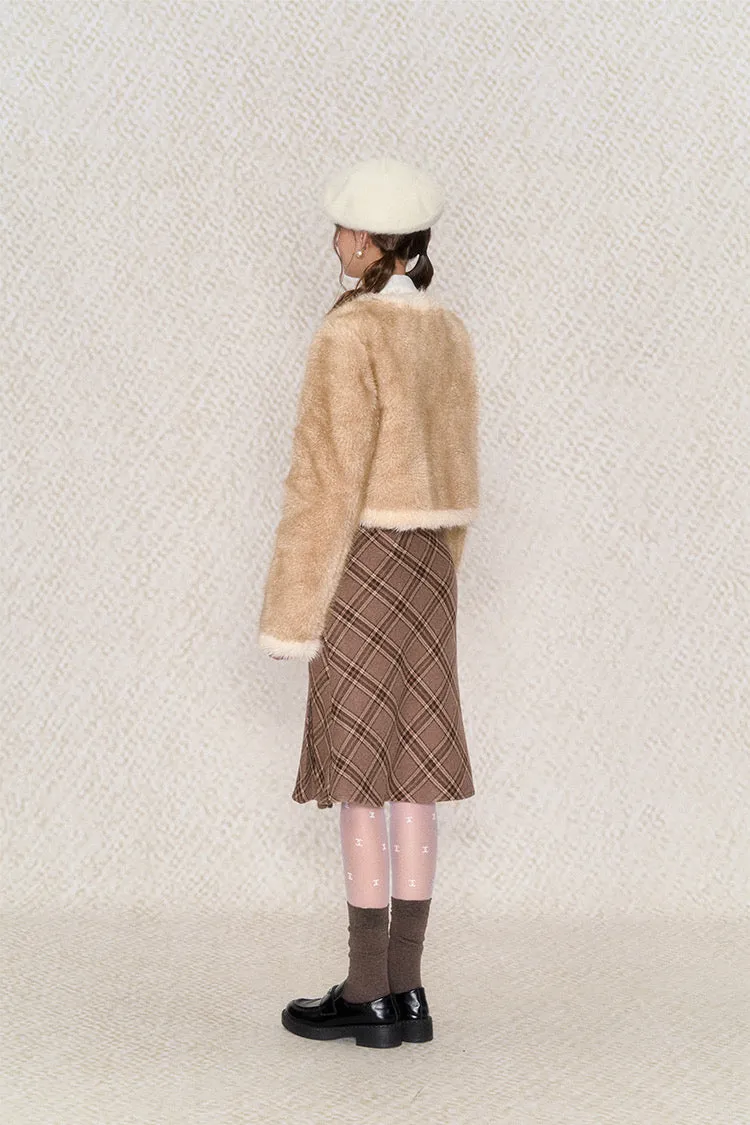 [Underpass]Cuddly Brown Bear Plaid Midi Skirt