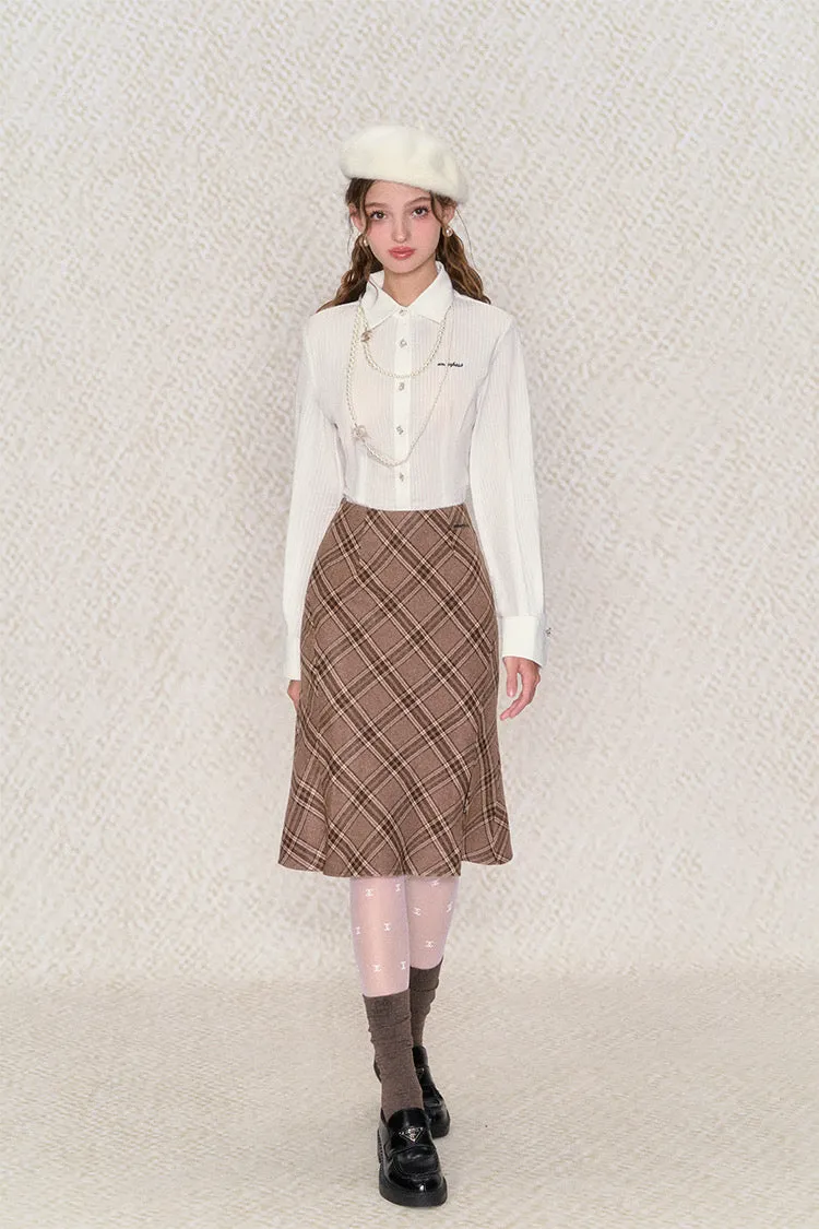 [Underpass]Cuddly Brown Bear Plaid Midi Skirt