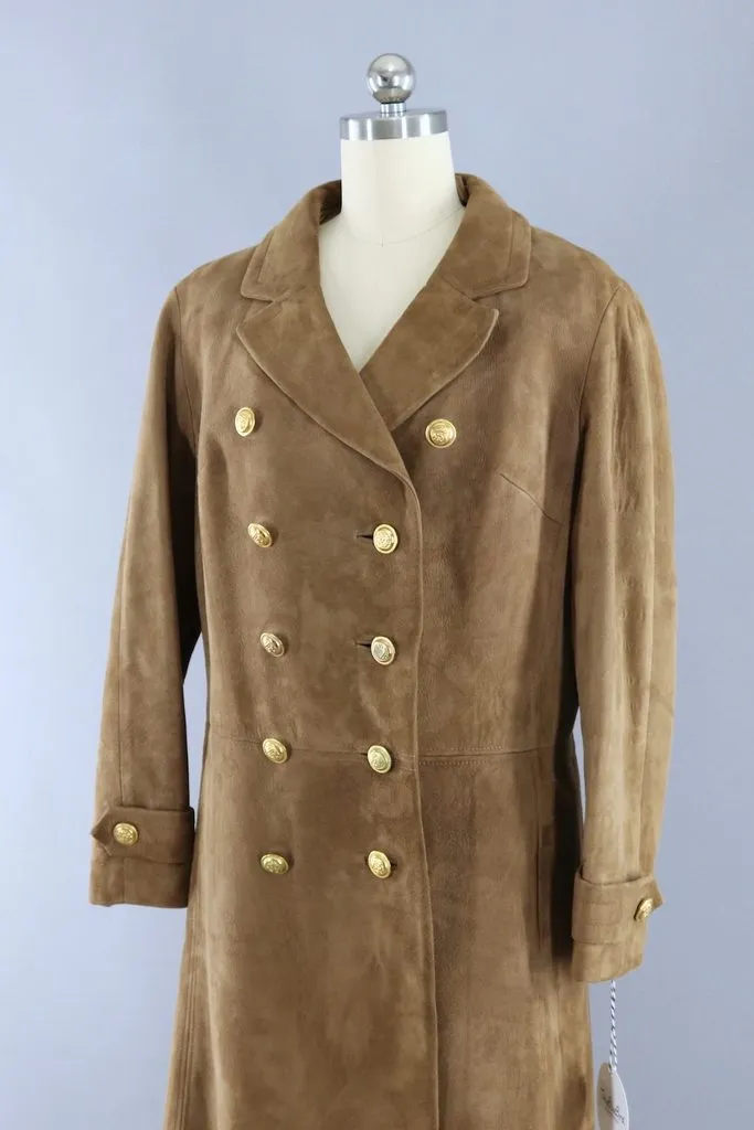 Vintage 1960s Brown Suede Coat with Gold Anchor Buttons