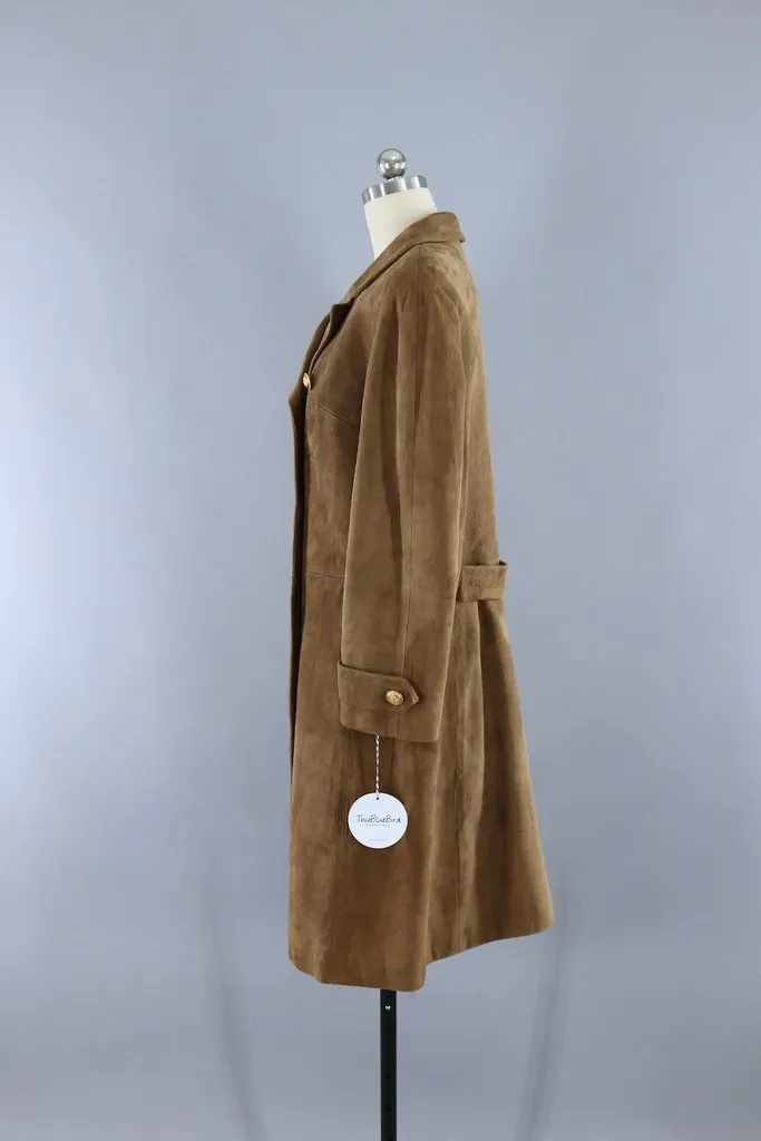 Vintage 1960s Brown Suede Coat with Gold Anchor Buttons