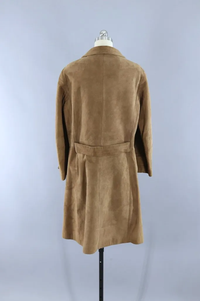 Vintage 1960s Brown Suede Coat with Gold Anchor Buttons