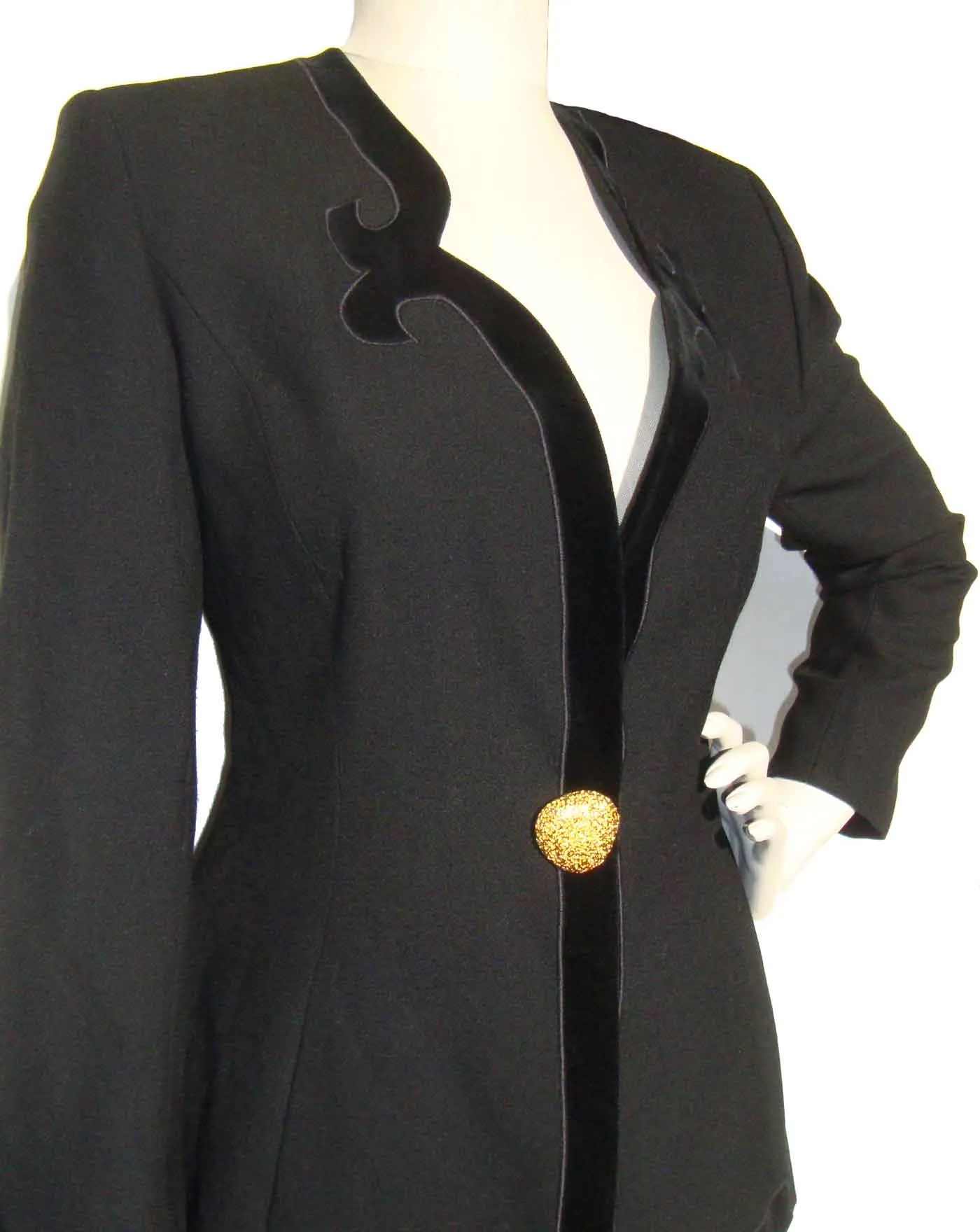 Vintage Alain Chabason Skirt Suit Black Wool & Velvet 2-Piece Set S