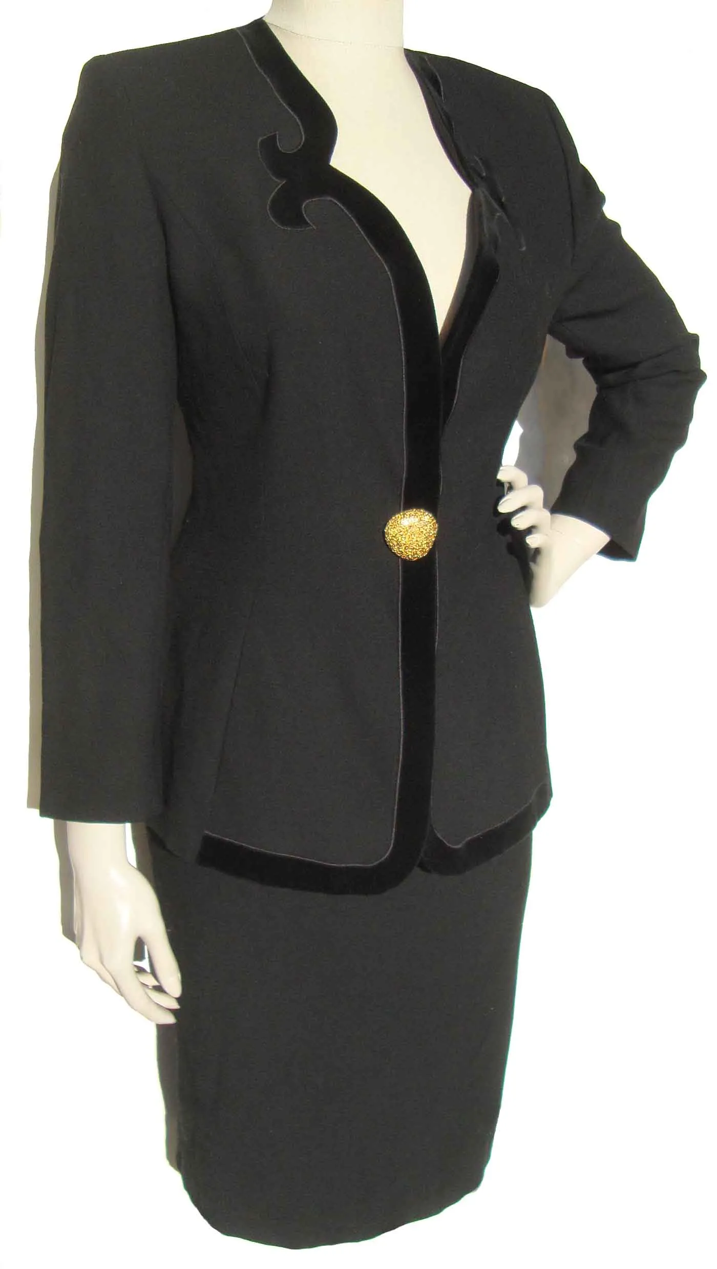 Vintage Alain Chabason Skirt Suit Black Wool & Velvet 2-Piece Set S