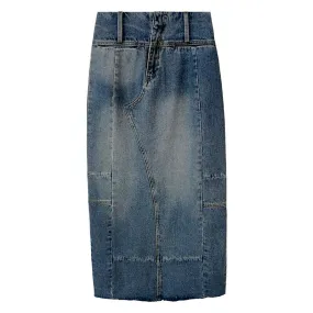 Vintage Blue Panel Zip Pocket Split Hem Denim Midi Skirt