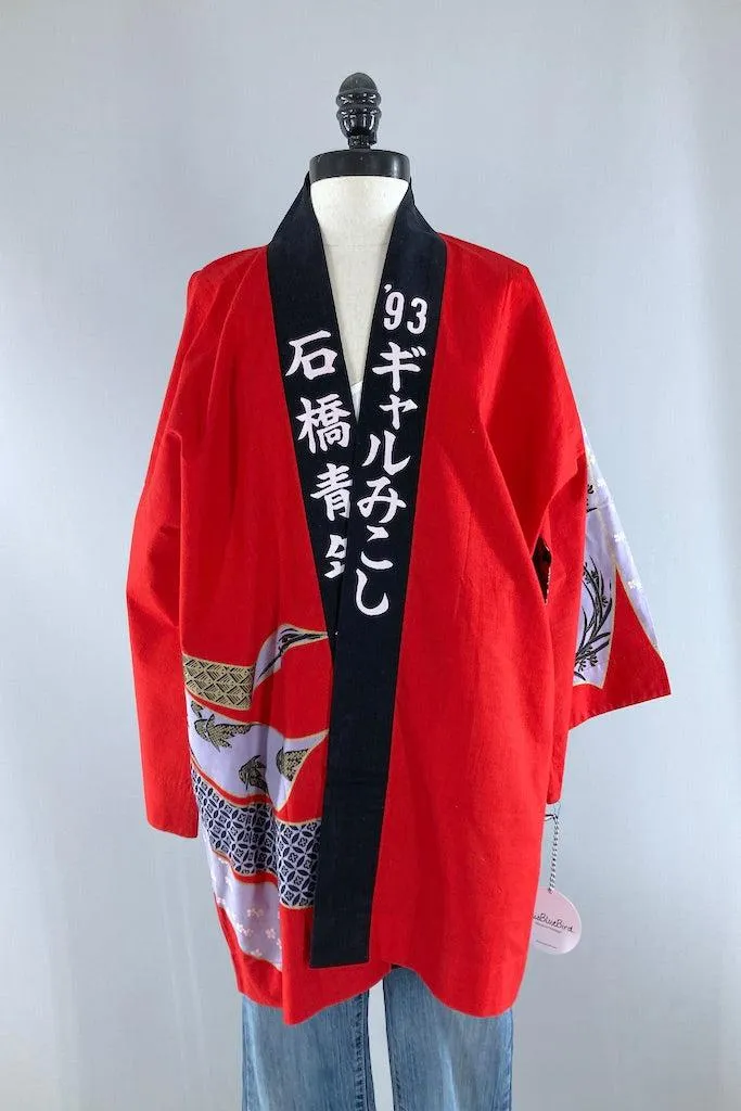 Vintage Red Cotton Happi Coat Cardigan