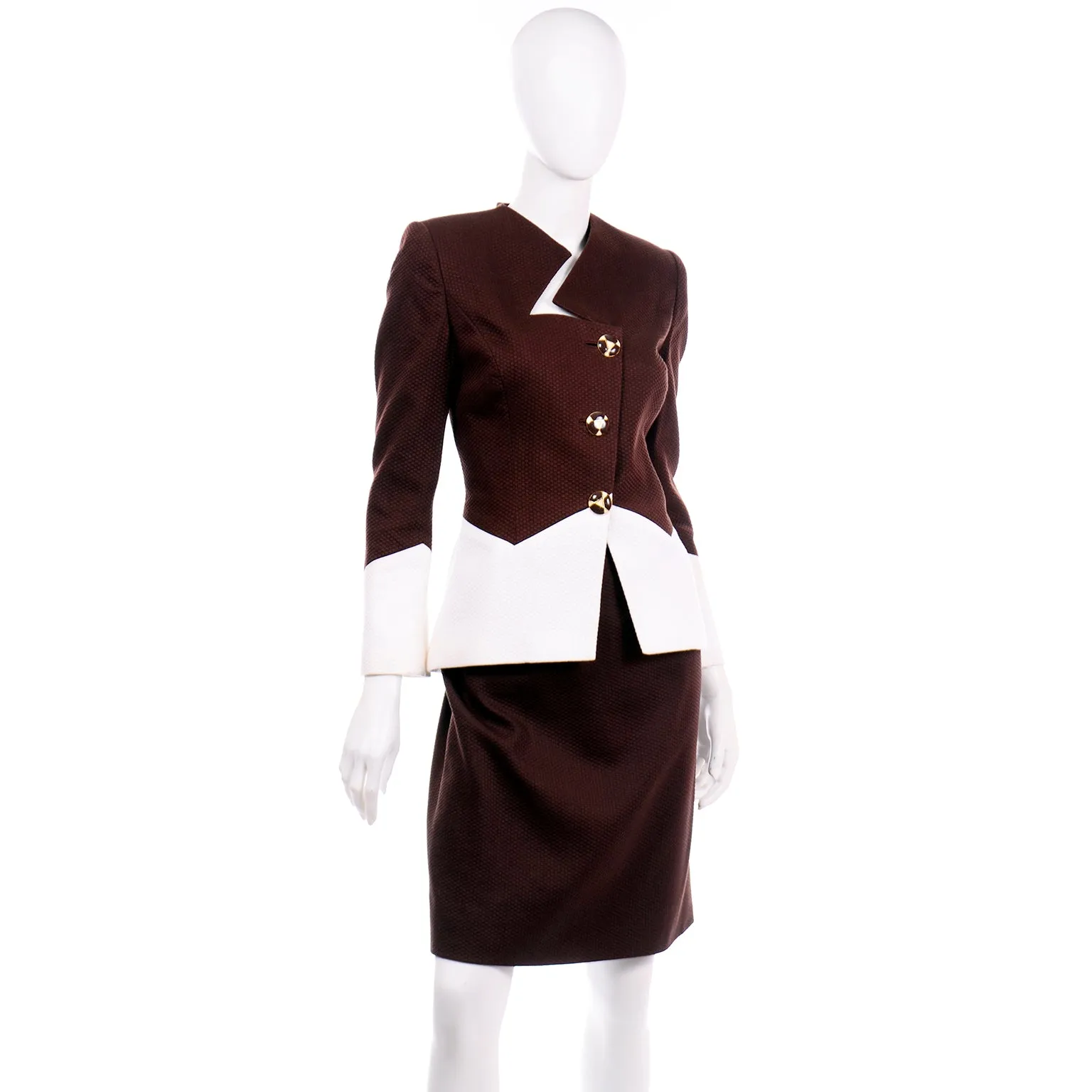 Vintage Travilla Brown & White Cotton Pique Skirt & Jacket Suit