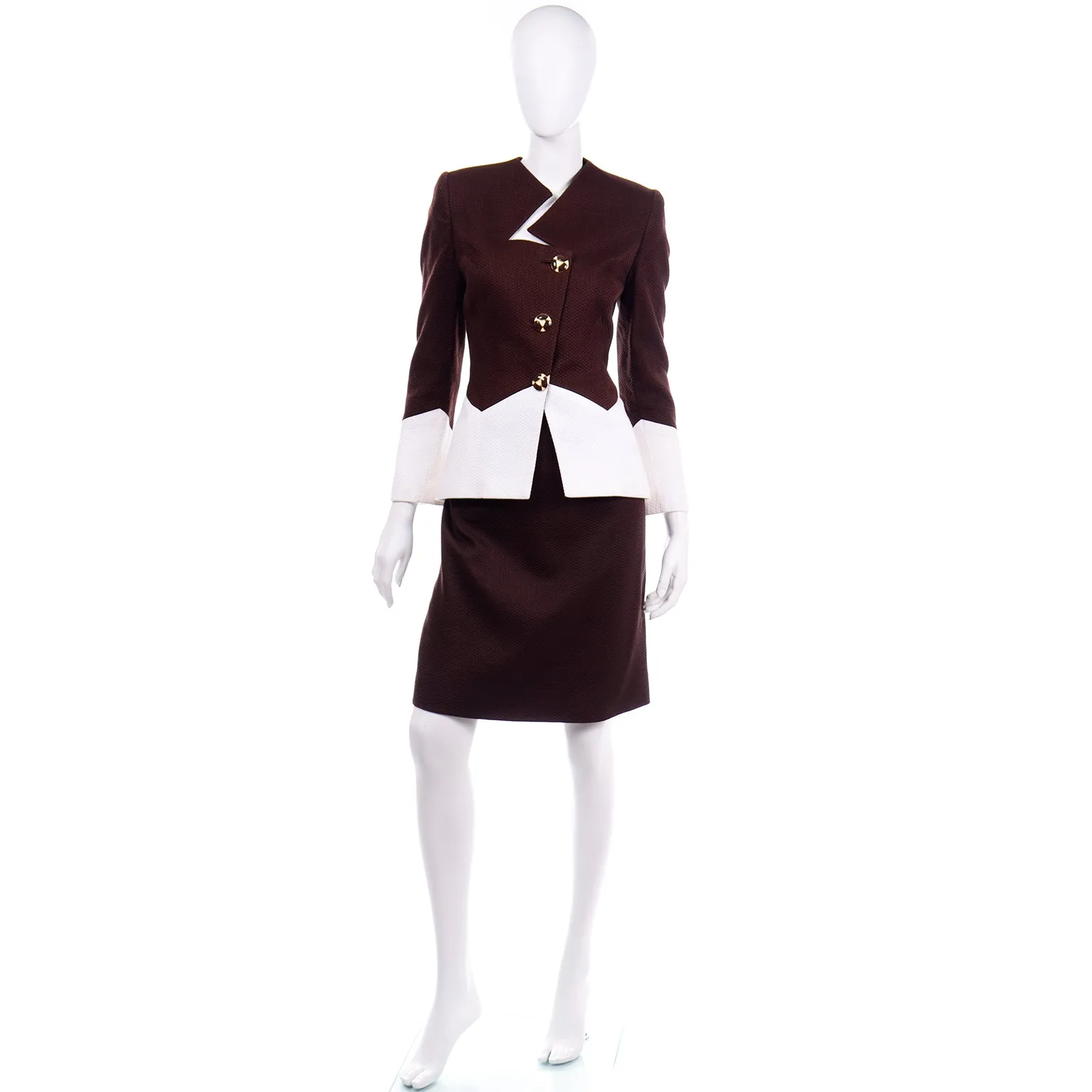 Vintage Travilla Brown & White Cotton Pique Skirt & Jacket Suit