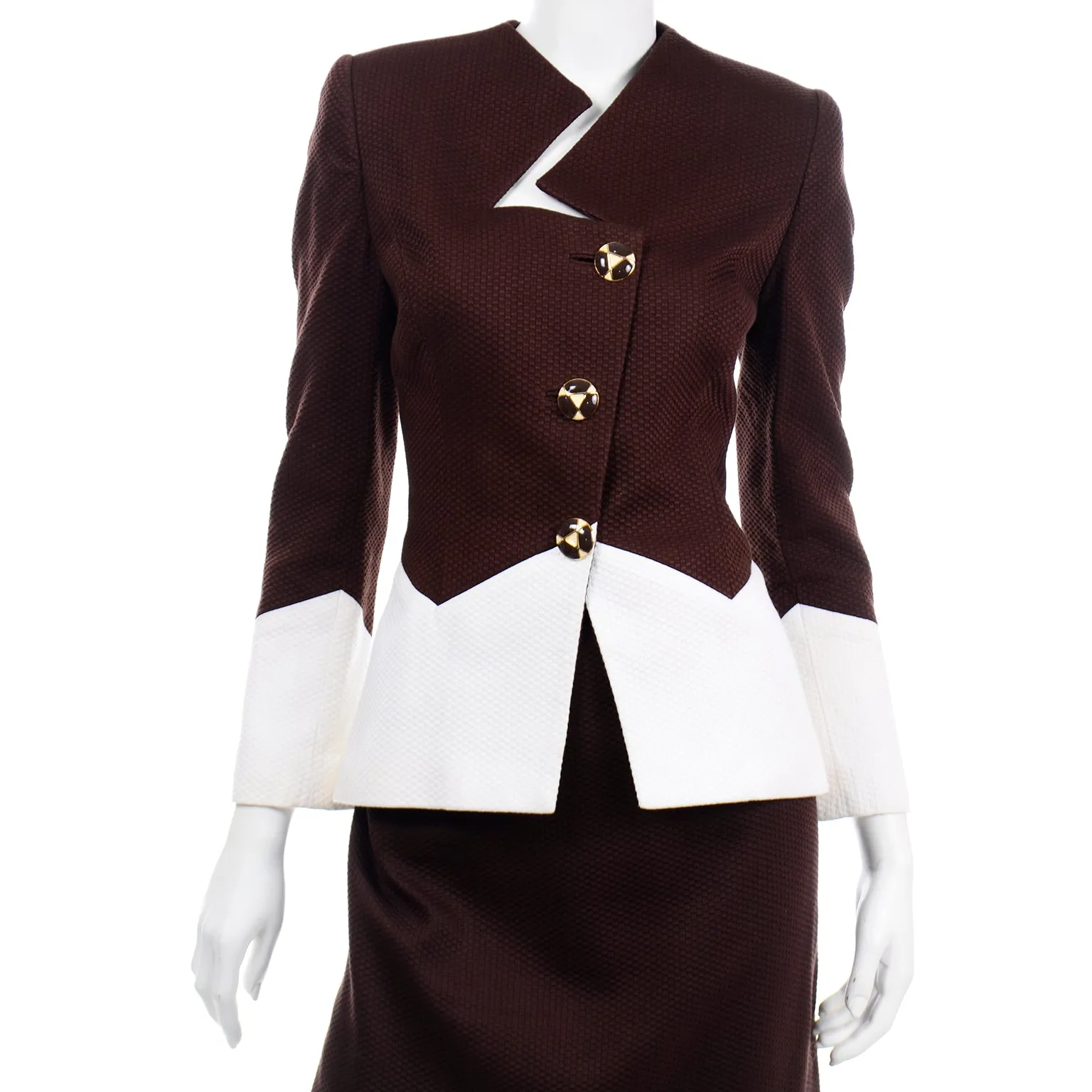 Vintage Travilla Brown & White Cotton Pique Skirt & Jacket Suit