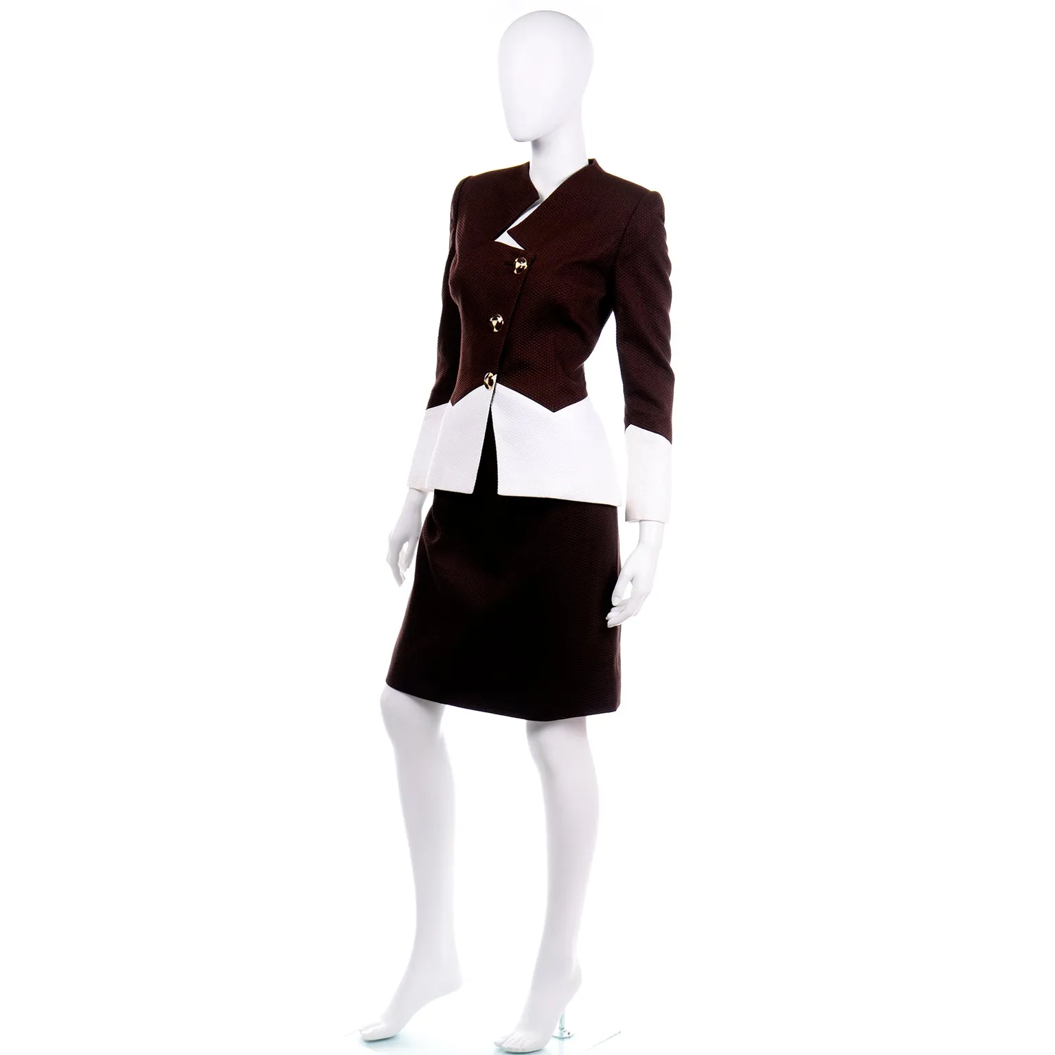 Vintage Travilla Brown & White Cotton Pique Skirt & Jacket Suit