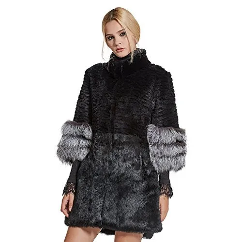 Women's Genuine Rabbit Fur Coat with Fox Fur Cuffs Warm Winter Coat