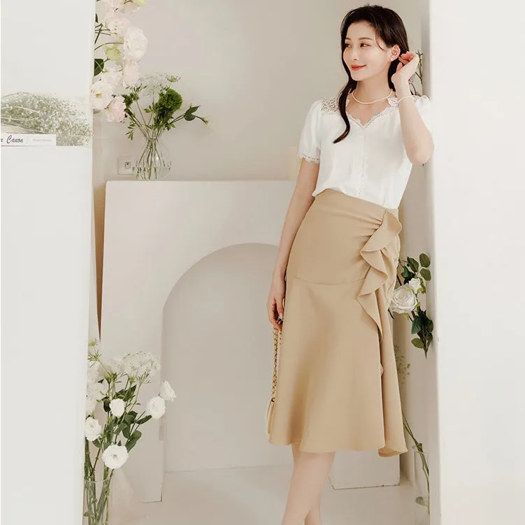 Work Ruffle A-Line Long Midi Skirt