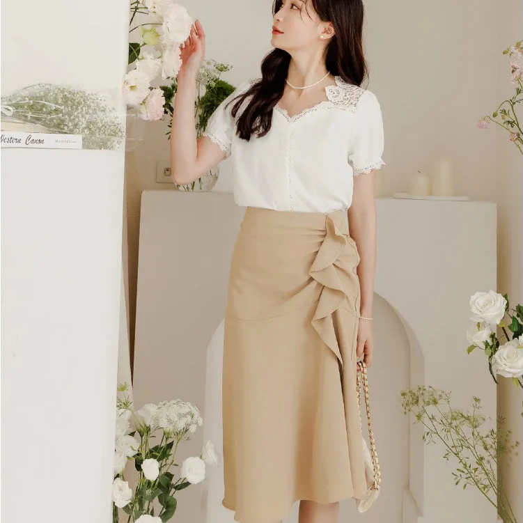 Work Ruffle A-Line Long Midi Skirt